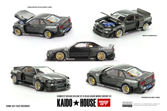 Kaido House KHMG222 Nissan Skyline GT-R R34 Kaido Works GReddy V2 Gun Metal Carbon – 1:64