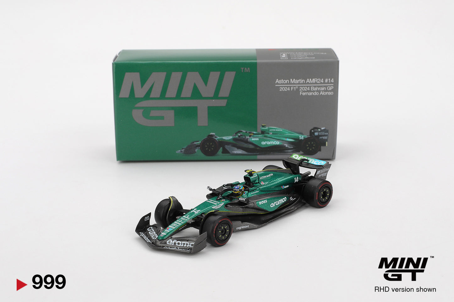 MINI GT #999 Aston Martin AMR24 #14 Fernando Alonso 2024 Bahrain GP – 1:64