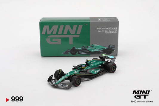 MINI GT #999 Aston Martin AMR24 #14 Fernando Alonso 2024 Bahrain GP – 1:64