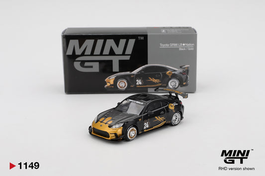 MINI GT #1149 Toyota GR86 LB★Nation Black / Gold – 1:64 Diecast